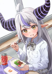 Rule 34 | 1girl, :t, absurdres, ahoge, alternate costume, blush, bow, bowtie, can, closed mouth, commentary, demon horns, egg (food), food, food on face, fork, grey bow, grey bowtie, grey skirt, hardboiled egg, highres, holding, holding fork, hololive, horns, indoors, la+ darknesss, long hair, long sleeves, looking at viewer, multicolored hair, plaid, plaid bow, plaid bowtie, plaid skirt, pointy ears, purple hair, school uniform, shirt, silver hair, skirt, solo, streaked hair, taro. (tataroro 1), very long hair, virtual youtuber, white shirt, yellow eyes