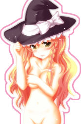 Rule 34 | 1girl, arms up, blush, bow, braid, breast hold, breasts, commentary request, covering privates, covering breasts, green eyes, hair between eyes, hat, highres, holding, kinagi yuu, kirisame marisa, long hair, looking at viewer, medium breasts, navel, nude, open mouth, orange hair, out-of-frame censoring, outline, solo, touhou, transparent background, white background