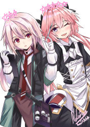 Rule 34 | 2boys, absurdres, ansel (arknights), arknights, astolfo (fate), astolfo (saber) (fate), astolfo (saber) (third ascension) (fate), black bow, black legwear, black neckwear, black ribbon, black skirt, bow, bowtie, braid, color connection, fang, fate/apocrypha, fate/grand order, fate (series), hair color connection, hair intakes, highres, layered skirt, long hair, look-alike, low twintails, male focus, multicolored hair, multiple boys, nekobox, pink hair, purple eyes, rabbit ears, red eyes, ribbon, single braid, skin fang, skirt, streaked hair, trait connection, trap, twintails, white hair, wing collar