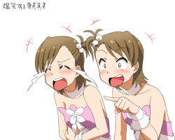 Rule 34 | 2girls, ^ ^, blush, brown eyes, brown hair, closed eyes, crying, cute &amp; girly (idolmaster), closed eyes, futami ami, futami mami, hair bobbles, hair ornament, idolmaster, idolmaster (classic), kozou (rifa), laughing, multiple girls, open mouth, pointing, siblings, side ponytail, sisters, translation request, twins