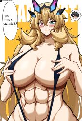 Rule 34 | 1girl, abs, bad tag, bare shoulders, barghest (fate), bikini, black bikini, blonde hair, breasts, curvy, fate/grand order, fate (series), heterochromia, horns, large breasts, long hair, muscular, muscular female, one-piece swimsuit, slingshot swimsuit, swimsuit, toned, toned female