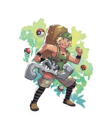 Rule 34 | 1boy, absurdres, alolan form, alolan geodude, arm up, backpack, bag, beanie, blue eyes, brown footwear, clenched hands, creatures (company), game freak, gen 1 pokemon, gen 7 pokemon, geodude, hat, highres, hiker (pokemon), leaf, looking at viewer, male focus, nintendo, official art, open mouth, poke ball, poke ball (basic), pokemon, pokemon (creature), pokemon sm, saitou naoki, smile, wristband