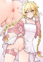 Rule 34 | 1boy, :p, absurdres, aether (genshin impact), anus, apron, ass, blonde hair, blush, bow, braid, bulge, choker, clothes lift, collarbone, crossdressing, flaccid, genshin impact, heart, heart-shaped pupils, highres, long hair, maid apron, male focus, no panties, penis, perineum, pink bow, pink choker, sex toy, skirt, skirt lift, small penis, symbol-shaped pupils, testicles, thigh strap, thighs, tiningot196, tongue, tongue out, trap, twintails, twitter username, underwear, upskirt, very long hair, vibrator, vibrator cord, vibrator in thigh strap, vibrator under clothes, yellow eyes