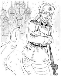 Rule 34 | 1girl, absurdres, bb (baalbuddy), cold, commentary, english commentary, fur hat, gloves, greyscale, gun, hammer and sickle, hat, highres, lamia, long hair, long sleeves, military, military uniform, monochrome, monster girl, original, rifle, snow, solo, soviet, st basil&#039;s cathedral, trembling, uniform, ushanka, weapon, winter uniform