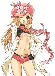 Rule 34 | 1girl, blush, bonza, breasts, brown eyes, brown hair, rabbit, clothes lift, flat chest, gloves, hand on own hip, happy, hat, hip focus, jacket, lisher, long hair, midriff, navel, no bra, one eye closed, open mouth, orange eyes, orange hair, ribbon, shirt lift, short shorts, shorts, small breasts, smile, solo, standing, striped, summon night, summon night 4, turtleneck, underboob, wink