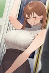 Rule 34 | 1girl, 1other, arm up, armpit crease, blurry, blurry foreground, blush, breasts, brown hair, closed eyes, commentary request, dutch angle, earrings, eyelashes, hair between eyes, high-waist skirt, highres, jewelry, large breasts, medium hair, mole, mole on armpit, ol-chan (udon), original, ribbed shirt, shirt, skirt, sleeping, sleeveless, sleeveless shirt, solo focus, standing, stud earrings, train interior, turtleneck, udon (udonalium), upper body