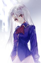 Rule 34 | 1girl, bad id, bad pixiv id, burned koge, closed mouth, collared shirt, dress shirt, eyelashes, fate/stay night, fate (series), grey background, hair intakes, head tilt, illyasviel von einzbern, long hair, long sleeves, looking at viewer, purple shirt, red eyes, red scarf, scarf, shirt, skirt, smile, solo, standing, straight hair, white hair, white skirt, wing collar