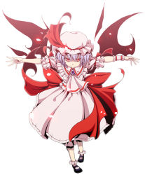 Rule 34 | 1girl, aka ringo, azuma shoujuan, blue hair, demon wings, dress, female focus, full body, hat, mary janes, mob cap, outstretched arms, pink socks, red eyes, remilia scarlet, ribbon, shoes, short hair, simple background, single wrist cuff, smile, socks, solo, spread arms, touhou, white background, wings, wrist cuffs