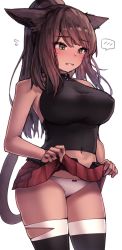 Rule 34 | 1girl, animal ears, bare arms, bare shoulders, black shirt, black thighhighs, blush, breasts, brown hair, cat ears, cat girl, cat tail, clothes lift, commentary request, commission, facial mark, final fantasy, final fantasy xiv, green eyes, highres, large breasts, lifted by self, long hair, miniskirt, miqo&#039;te, navel, panties, parted lips, ponytail, red skirt, rot lapin, shirt, simple background, skeb commission, skirt, skirt lift, sleeveless, solo, tail, thighhighs, thighs, underwear, warrior of light (ff14), white background, white panties