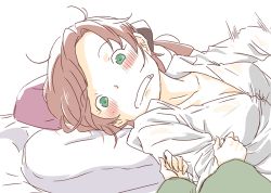 Rule 34 | 10s, 1girl, akigumo (kancolle), blush, breasts, brown hair, cleavage, comic, female pov, green eyes, kantai collection, looking at viewer, lowres, lying, messy hair, on side, pillow, ponytail, pov, see-through, shirt, side ponytail, solo focus, sou tamae, surprised, surprised, take u, unbuttoned, yuri