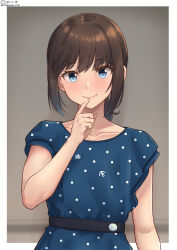 Rule 34 | 1girl, blue dress, blue eyes, blue hair, blush, brown hair, dated, dress, finger to mouth, fubuki (kancolle), highres, kantai collection, looking at viewer, multicolored hair, official alternate costume, polka dot, polka dot dress, shiromaru (maniado), short sleeves, simple background, smile, solo, twitter username, upper body