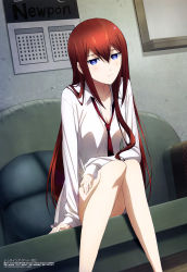 Rule 34 | 1girl, absurdres, blue eyes, blush, breasts, brown hair, calendar (object), cleavage, collarbone, collared shirt, couch, dress shirt, hair between eyes, highres, long hair, long sleeves, looking at viewer, magazine scan, makise kurisu, megami magazine, necktie, no pants, official art, pillow, scan, shirt, sitting, small breasts, smile, solo, steins;gate, white shirt