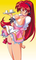 Rule 34 | 1girl, akira (viper), breasts, carrying, cleavage, cup, gradient background, kimura takahiro, large breasts, leg ribbon, long hair, looking at viewer, official art, panties, ponytail, red eyes, red hair, ribbon, short sleeves, skirt, solo, thigh ribbon, tray, underbust, underwear, very long hair, viper, viper v16, white panties, yellow background