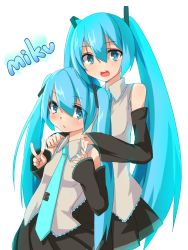Rule 34 | 2girls, aqua eyes, aqua hair, brll, character name, detached sleeves, dual persona, hands on shoulders, hatsune miku, highres, long hair, multiple girls, necktie, open mouth, skirt, twintails, v, very long hair, vocaloid, white background, yamaha, aged down
