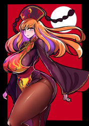 Rule 34 | 1girl, breasts, chinese clothes, closed mouth, crescent, curvy, enajii, highres, huge breasts, junko (touhou), long hair, mature female, moon, orange hair, pantyhose, phoenix crown, red eyes, solo, tabard, thick thighs, thighs, touhou