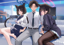 Rule 34 | 1boy, 2girls, animal ears, bare legs, barefoot, belt, black belt, black choker, black hair, black jacket, black necktie, blue archive, blue archive the animation, blue halo, blue sailor collar, blue skirt, blurry, blurry background, brown pantyhose, cat ears, cat girl, choker, cirilla lin, couch, extra ears, grey pants, hair ornament, hairclip, halo, highres, indoors, jacket, kazusa (blue archive), kikyou (blue archive), long sleeves, multiple girls, multiple tails, necktie, on couch, one eye closed, pants, pantyhose, pink halo, pleated skirt, sailor collar, school uniform, sensei (blue archive), sensei (blue archive the animation), serafuku, shirt, short hair, sitting, skirt, tail, toes, white shirt