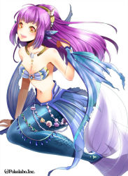 Rule 34 | 1girl, bare shoulders, blush, breasts, collarbone, female focus, fins, fish tail, hair ornament, happy, hinariaoba, jewelry, long hair, mermaid, midriff, monster girl, navel, open mouth, original, purple hair, shell, simple background, smile, solo, tail, white background, yellow eyes