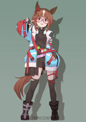 Rule 34 | 1girl, animal ears, badge, belt, black footwear, black gloves, black shirt, black shorts, black thighhighs, blue coat, boots, breasts, brown hair, button badge, character name, closed mouth, coat, contrapposto, ear ornament, fanny pack, fingerless gloves, full body, glasses, gloves, green background, hand on own hip, hand up, headphones, headphones around neck, highres, horse ears, horse girl, horse tail, long sleeves, looking at viewer, open clothes, open coat, pointing, pointing at self, red eyes, satomura kyou, shadow, shirt, short hair, shorts, simple background, small breasts, smile, solo, standing, straight-on, tail, thighhighs, tongue, tongue out, transcend (umamusume), umamusume