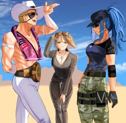 Rule 34 | 1boy, 2girls, antonov (kof), arm behind back, baseball cap, blonde hair, blue hair, breasts, brown hair, clark still, cosplay, costume switch, cowboy hat, cross, cross necklace, dan koflove, desert, dog tags, eyepatch, hat, highres, jewelry, k&#039; (kof), large breasts, leona heidern, medium breasts, multicolored clothes, multiple girls, necklace, pants, ponytail, ramon (kof), sunglasses, the king of fighters, the king of fighters xv, whip (kof), white pants