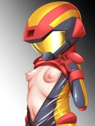 Rule 34 | 1girl, breasts, commentary request, gradient background, gundam, gundam zz, helmet, navel, nipples, pilot suit, puffy nipples, puru two, small breasts, solo, sweat, uncats, unzipped, visor (armor)