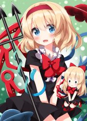 Rule 34 | 1girl, alice margatroid, asymmetrical wings, black dress, blonde hair, blue wings, bow, bowtie, center frills, cosplay, doll, dress, dress tug, embarrassed, frilled dress, frills, highres, houjuu nue, houjuu nue (cosplay), long hair, medium hair, one-hour drawing challenge, polearm, red bow, red bowtie, red footwear, red wings, ruu (tksymkw), shanghai doll, short dress, short sleeves, snake, solo, touhou, trident, ufo, weapon, wings