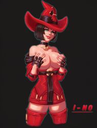 Rule 34 | 1girl, bare shoulders, black choker, black gloves, black hair, boots, breasts, choker, cleavage, collarbone, fingerless gloves, gloves, green eyes, guilty gear, guilty gear xrd, hat, highres, i-no, l0ngsword, large breasts, mole, mole above mouth, o-ring, o-ring top, red hat, red thighhighs, short hair, simple background, solo, thigh boots, thighhighs, topless, upper body, witch hat