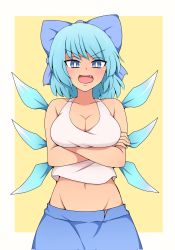 Rule 34 | 1girl, alternate breast size, armpit crease, arms under breasts, bare shoulders, blue hair, blush, breasts, cirno, cleavage, corrupted twitter file, crossed arms, fang, groin, highres, navel, open mouth, solo, stomach, suwaneko, tank top, touhou, white tank top