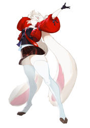 Rule 34 | 1girl, absurdres, arms up, black gloves, buck teeth, cropped jacket, digitigrade, double bun, female focus, full body, furry, furry female, gloves, hair bun, highres, jacket, long ears, one eye closed, original, outstretched arms, puffy sleeves, rabbit ears, rabbit girl, rabbit tail, red eyes, red jacket, simple background, skirt, smile, solo, spread arms, standing, teeth, thighhighs, thighs, white background, white thighhighs, wo xuyao jiashui, zettai ryouiki