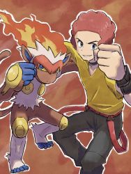Rule 34 | 1boy, afro, baggy pants, black choker, choker, clenched hand, collared shirt, commentary request, creatures (company), elite four, flint (pokemon), game freak, gen 4 pokemon, grey pants, grin, infernape, male focus, nintendo, orange background, outline, pants, pokemon, pokemon (creature), pokemon dppt, pokira (fjhanauta), red hair, shirt, short sleeves, smile, teeth, yellow shirt