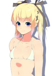 Rule 34 | 1girl, bare shoulders, bikini, black ribbon, blonde hair, blue eyes, blush, breasts, breasts apart, closed mouth, collarbone, cross hair ornament, dead or alive, hair ornament, hair ribbon, highres, long hair, looking at viewer, marie rose, nishisan (mikurosu), ribbon, sidelocks, small breasts, smile, solo, swimsuit, twintails, upper body, white background, white bikini