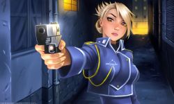Rule 34 | 1girl, absurdres, aiming, aiming at viewer, alley, blonde hair, brown eyes, eyebrows, finger on trigger, folded ponytail, fullmetal alchemist, gun, hair over one eye, hair up, handgun, highres, holding, holding gun, holding weapon, huge filesize, lips, looking at viewer, military, military uniform, night, nose, pistol, riza hawkeye, ronindude, solo, uniform, upper body, wallpaper, weapon