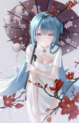 Rule 34 | 1girl, alternate costume, blue eyes, blue hair, blush, breasts, china dress, chinese clothes, cleavage, cleavage cutout, clothing cutout, commentary, commentary request, cowboy shot, dress, flower, frilled sleeves, frills, grey background, hair over shoulder, hatsune miku, highres, holding, holding umbrella, leaning forward, long hair, looking at viewer, medium breasts, oil-paper umbrella, ondo (pixiv33569221), print umbrella, shaohua hatsune miku, short sleeves, side slit, sidelocks, simple background, smile, snowflakes, solo, symbol-only commentary, umbrella, very long hair, vocaloid, white dress