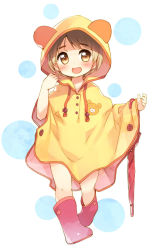 Rule 34 | 1girl, :d, animal hood, blush, boots, brown eyes, brown hair, child, closed umbrella, hood, kito (sorahate), looking at viewer, open mouth, original, pink footwear, raincoat, rubber boots, short hair, smile, solo, umbrella