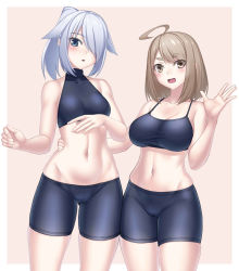 Rule 34 | 2girls, :d, :o, ahoge, bare shoulders, bike shorts, black sports bra, blue eyes, blush, breasts, brown background, brown eyes, brown hair, chado maki, collarbone, covered collarbone, cowboy shot, gluteal fold, groin, hair between eyes, hair flaps, hair over one eye, hand on another&#039;s waist, hand up, large breasts, long hair, looking at viewer, midriff, multiple girls, myouan, navel, open mouth, original, ponytail, shirakami itsuki, short hair, sidelocks, silver hair, simple background, skindentation, small breasts, smile, sports bra, standing, taut clothes, thick eyebrows, turtleneck, white background