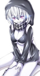 Rule 34 | 10s, 1girl, abyssal ship, backpack, bag, breasts, cleavage, evandragon, fang, glowing, glowing eyes, kantai collection, large breasts, long sleeves, navel, no panties, open mouth, pale skin, pink eyes, re-class battleship, scarf, short hair, silver hair, sitting, solo, tail, white background