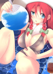 Rule 34 | 1girl, bare legs, bare shoulders, between breasts, blue eyes, blush, bow, braid, breasts, cleavage, female focus, hair bow, hand fan, hat, highres, hong meiling, hot, large breasts, long hair, looking at viewer, red hair, see-through, sitting, solo, sukage, symbol-shaped pupils, tank top, touhou, towel, twin braids, water