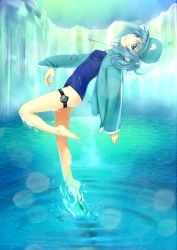 Rule 34 | 1girl, barefoot, blue eyes, blue hair, feet, female focus, hair bobbles, hair ornament, hat, jacket, kawashiro nitori, key, matching hair/eyes, mossari poteto, no pants, one-piece swimsuit, ripples, school swimsuit, short hair, solo, standing, standing on liquid, swimsuit, swimsuit under clothes, touhou, track jacket, twintails, two side up, wading, water, waterfall, wet