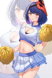 Rule 34 | 1girl, absurdres, ahisazon, alternate costume, blue hair, blue shirt, blue skirt, breasts, cleavage, commentary, cowboy shot, crop top, facial mark, genshin impact, gradient background, grey background, grin, hand up, highres, holding, holding pom poms, kujou sara, looking at viewer, mask, mask on head, medium breasts, midriff, miniskirt, navel, pleated skirt, pom pom (cheerleading), pom poms, shirt, short hair, short sleeves, skirt, skirt set, smile, solo, standing, stomach, thighs, white background, yellow eyes, zoom layer