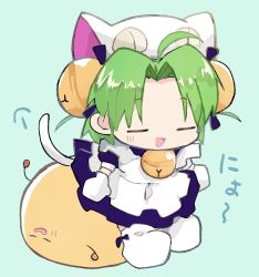 Rule 34 | 1girl, :d, ahoge, animal hands, animal hat, apron, bell, blush, cat hat, cat tail, chibi, closed eyes, di gi charat, dress, gema, gloves, green hair, hair bell, hair ornament, hair ribbon, hano luno, hat, highres, neck bell, open mouth, parted bangs, paw gloves, paw shoes, puffy short sleeves, puffy sleeves, ribbon, short hair, short sleeves, smile, tail, translation request