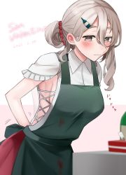 Rule 34 | 1girl, absurdres, alternate hairstyle, apron, blouse, blurry, blush, bottle hair ornament, breasts, brown eyes, closed mouth, cowboy shot, depth of field, green apron, grey eyes, grey hair, hair between eyes, hair ornament, hair up, hairclip, highres, kantai collection, leaning forward, pola (kancolle), red skirt, shirt, simple background, skirt, solo, toriniku senshi chikinman, valentine, wavy hair, white background, white shirt