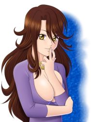 Rule 34 | 00s, 1girl, bracelet, breasts, brown hair, cleavage, closed mouth, collar, curly hair, finger to mouth, gundam, gundam 00, haru (hall), jewelry, large breasts, long hair, long sleeves, looking at viewer, purple shirt, shirt, smile, solo, sumeragi lee noriega, sweater, upper body, very long hair, yellow eyes