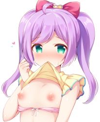 Rule 34 | 1girl, ahoge, blush, bow, bra, bra pull, breasts, clothes in mouth, clothes lift, clothes pull, green eyes, hair bow, heart, highres, lifting own clothes, looking at viewer, manaka laala, mouth hold, nipples, pastel colors, pink bra, pretty series, pripara, purple hair, red bow, shirt in mouth, shirt lift, short hair, simple background, small breasts, solo, tiger rmn, underwear, upper body, white background