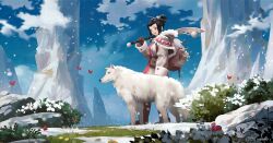 Rule 34 | 1girl, agrafl, animal, backpack, bag, bird, black hair, blue sky, bug, bush, butterfly, cloud, coat, commentary, day, english commentary, flower, fur trim, gloves, grass, hair bun, hair ornament, hair stick, heart, highres, holding, holding sword, holding weapon, insect, long sleeves, mountain, open mouth, original, outdoors, over shoulder, rock, scenery, short hair, sidelocks, single hair bun, sky, snow, snowing, solo, standing, sword, weapon, weapon over shoulder, white bird, wolf