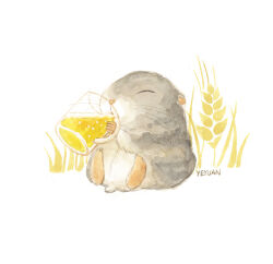 Rule 34 | alcohol, animal focus, artist name, beer, beer mug, closed eyes, commentary, cup, drinking, hamster, holding, holding cup, mug, no humans, original, simple background, sitting, wheat, white background, yeyuan33