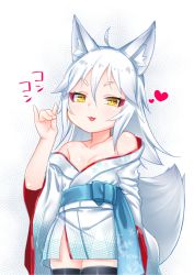 Rule 34 | 1girl, :3, animal ears, bare shoulders, black thighhighs, blue bow, bow, breasts, cowboy shot, fingernails, floral print, fox ears, fox girl, fox shadow puppet, fox tail, hair between eyes, hand up, heart, highres, japanese clothes, kimono, kirisame mia, long hair, long sleeves, looking at viewer, obi, off shoulder, original, parted lips, print kimono, sash, small breasts, solo, tail, thighhighs, v-shaped eyebrows, white hair, white kimono, wide sleeves, yellow eyes