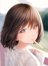 Rule 34 | 1girl, blurry, blurry background, brown eyes, brown hair, hair between eyes, highres, long sleeves, looking at viewer, looking back, ojay tkym, original, outdoors, popsicle stick, revision, short hair, signature, sleeves past wrists, solo, sweater, white sweater