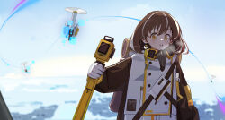 Rule 34 | 1girl, arknights, bird, blurry, blurry background, blush, brown hair, brown sleeves, coat, commentary, drone, earrings, highres, jewelry, ki26, magallan (arknights), medium hair, multicolored hair, open mouth, penguin, respirator, single earring, sky, solo, sparkle, streaked hair, symbol-only commentary, teeth, theodolite, upper body, upper teeth only, white coat, white hair, yellow eyes