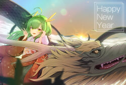 Rule 34 | 1girl, antenna hair, chinese zodiac, choro tofu, dragon, dragon horns, eastern dragon, fangs, fur collar, green hair, hands up, happy new year, highres, horns, japanese clothes, kimono, long hair, long sleeves, looking at viewer, new year, obi, open mouth, original, riding, sash, sidesaddle, sitting, slit pupils, smile, solo, v, wide sleeves, year of the dragon, yellow eyes