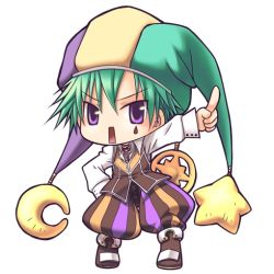 Rule 34 | 1boy, baggy pants, boots, brown footwear, brown pants, brown vest, chibi, clown (ragnarok online), collared shirt, commentary request, crescent, crescent hat ornament, facial tattoo, full body, green hair, green hat, hat, hat ornament, jester cap, long sleeves, looking at viewer, male focus, multicolored clothes, multicolored hat, open mouth, pants, purple eyes, purple hat, ragnarok online, rectangular mouth, sakakura (sariri), shirt, short hair, simple background, solo, standing, star (symbol), star hat ornament, tattoo, teardrop tattoo, v-shaped eyebrows, vest, white background, white shirt, yellow hat