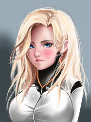 Rule 34 | 1girl, alternate hairstyle, arms behind back, blonde hair, blue eyes, blush, bodysuit, breasts, eyelashes, eyeliner, gimgugnae, gradient background, grey background, hair down, highres, light smile, lips, lipstick, looking at viewer, makeup, medium breasts, mercy (overwatch), no headwear, no wings, nose, overwatch, overwatch 1, pink lips, portrait, solo